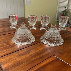 VINTAGE Pair of Imperial Glass Crystal Double Candlesticks Sparkling Laced Edge